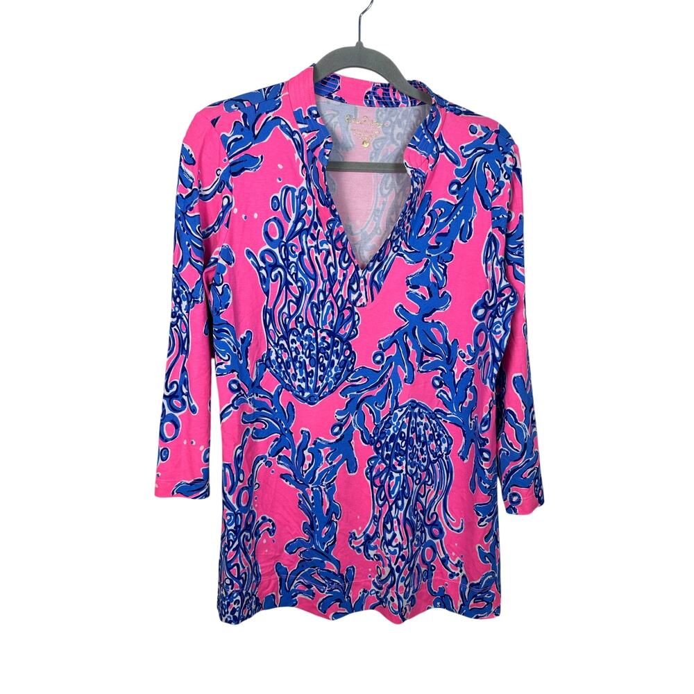 Lilly Pulitzer Vero Tunic Women Medium Pink Blue Caught In‎ Coral Excellent Top